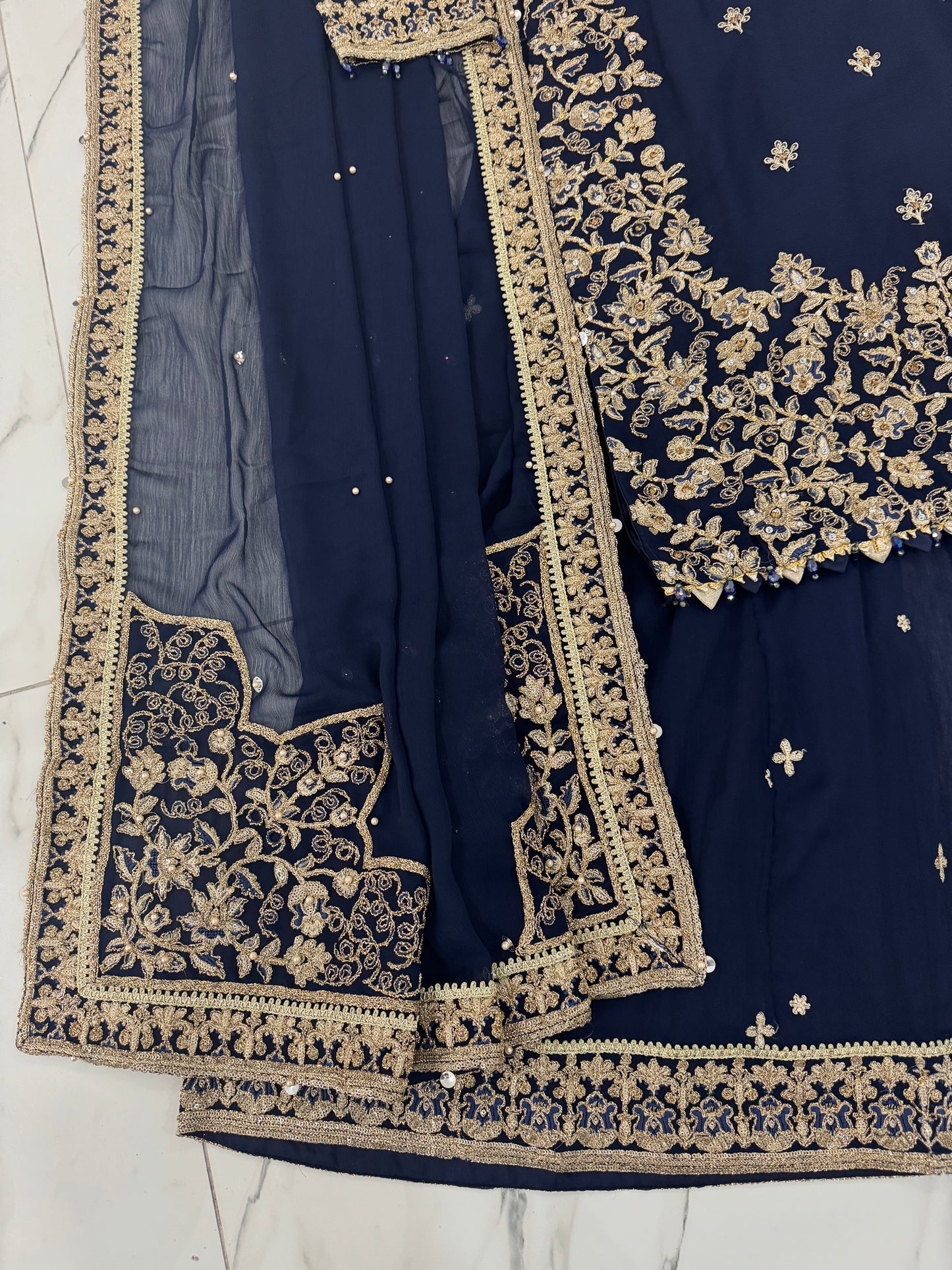 QAMAR - Embroidered chiffon readymade outfit with Sharara
