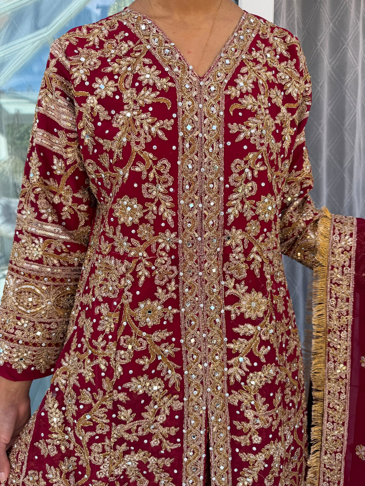 JAHAN MAROON - Embroidered chiffon kameez with brocade lengha