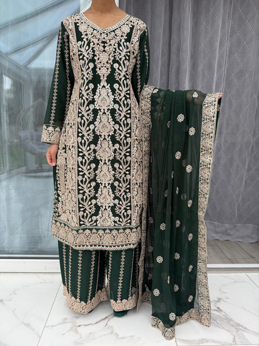 AZEENA GREEN - Embroidered chiffon outfit with plazo