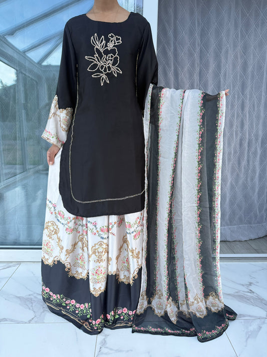 LAYLA - Handwork embellished printed silk kameez with Sharara
