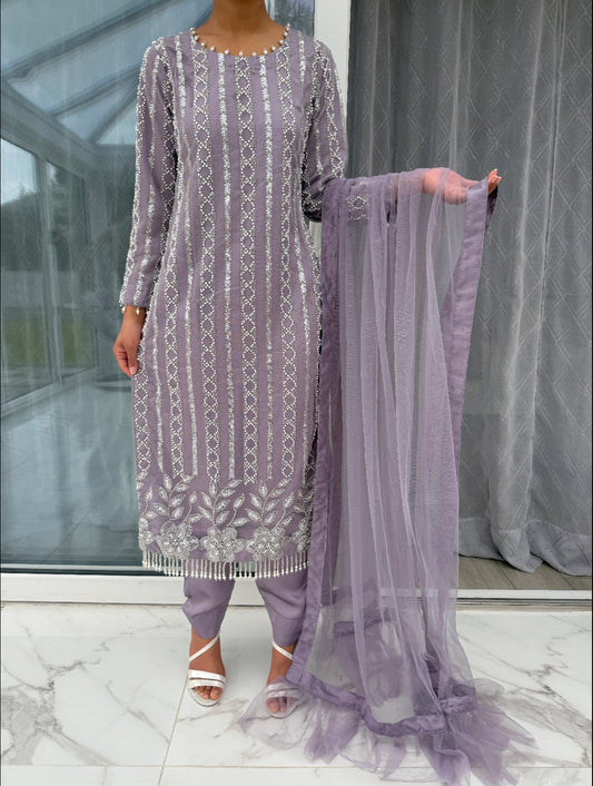 RIYA - Embroidered net kameez with pearl embellishments