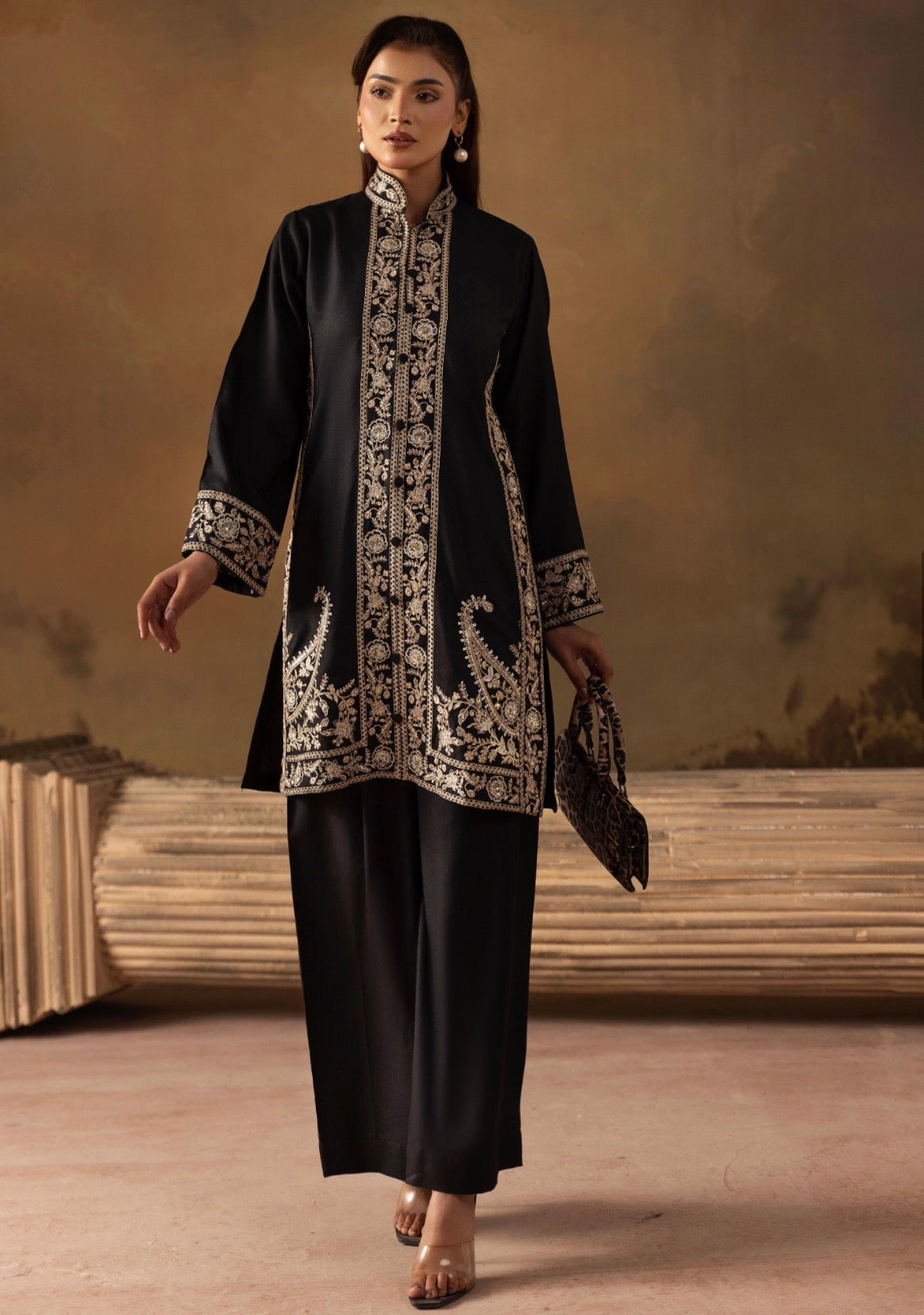 KHAADI COORDS - Embroidered 2 pc Dhanak Khaadi inspired Co-ords Black