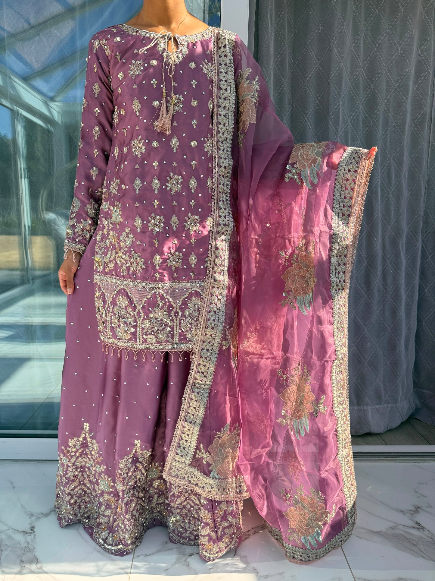 SAMAN - Embroidered silk kameez with sharara and dupatta