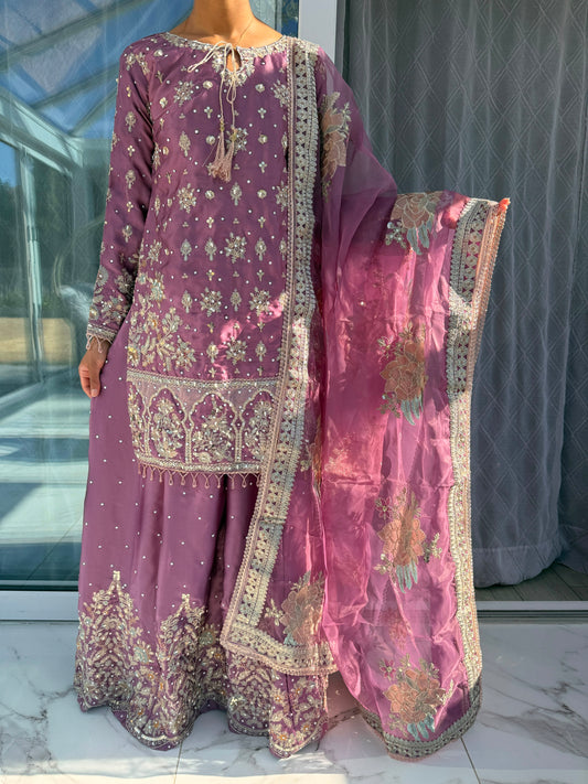 SAMAN - Embroidered silk kameez with sharara and dupatta