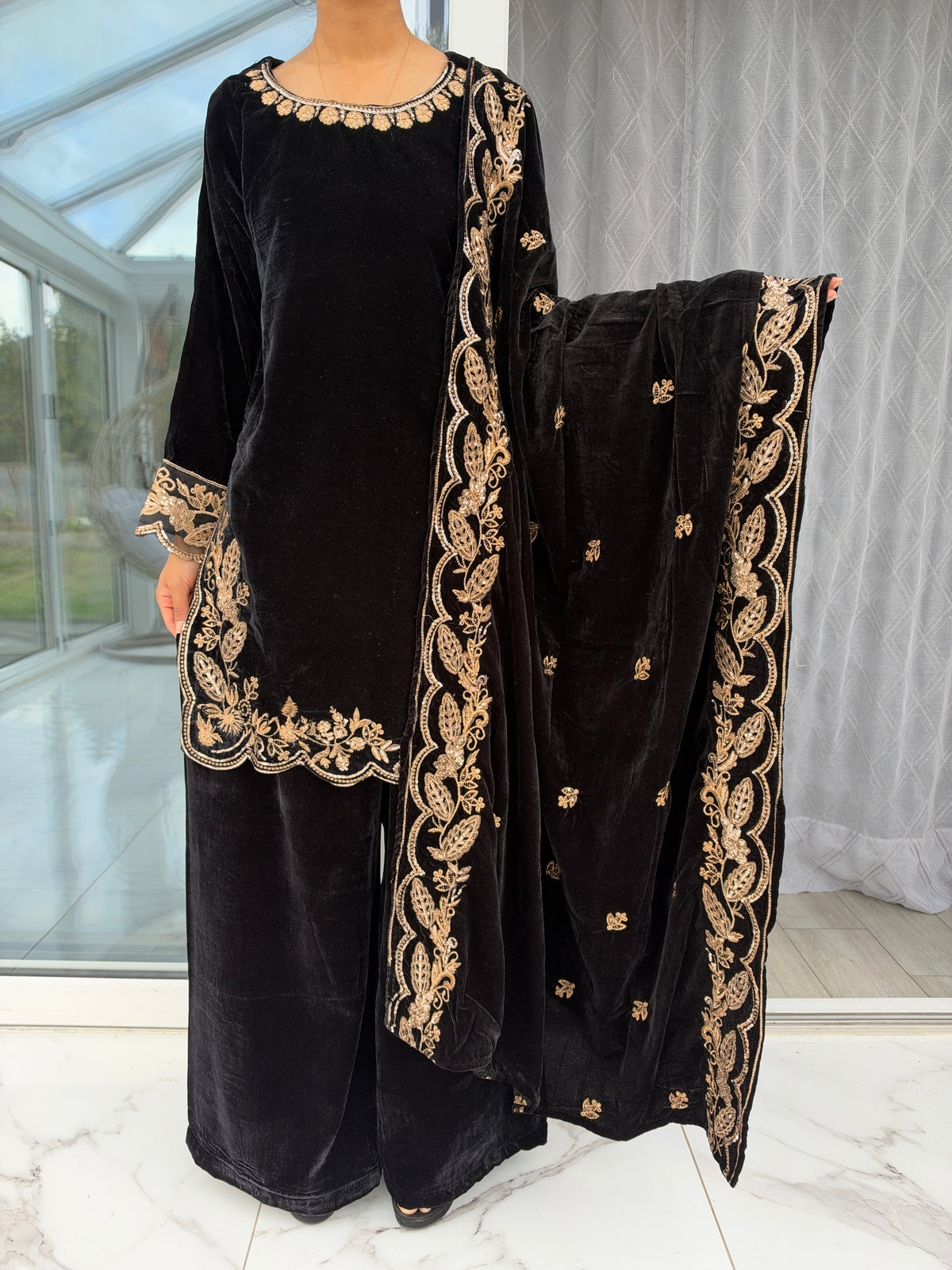 AIMA BLACK- Embroidered micro velvet kameez with plazo and velvet shawl