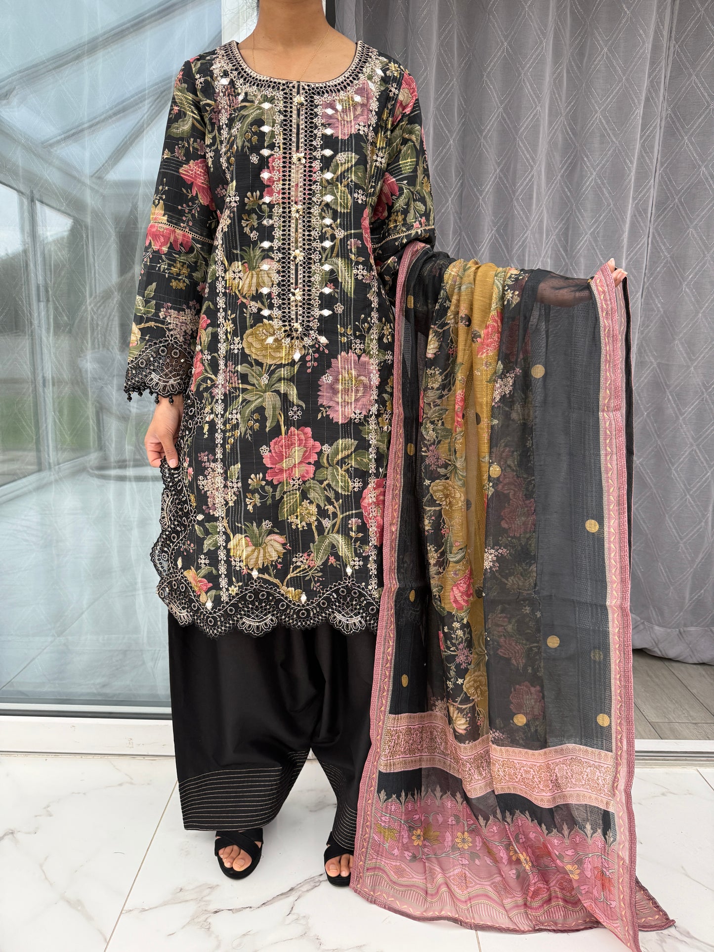 GULNAZ - Emroidered floral monar outfit with farshi shalwar