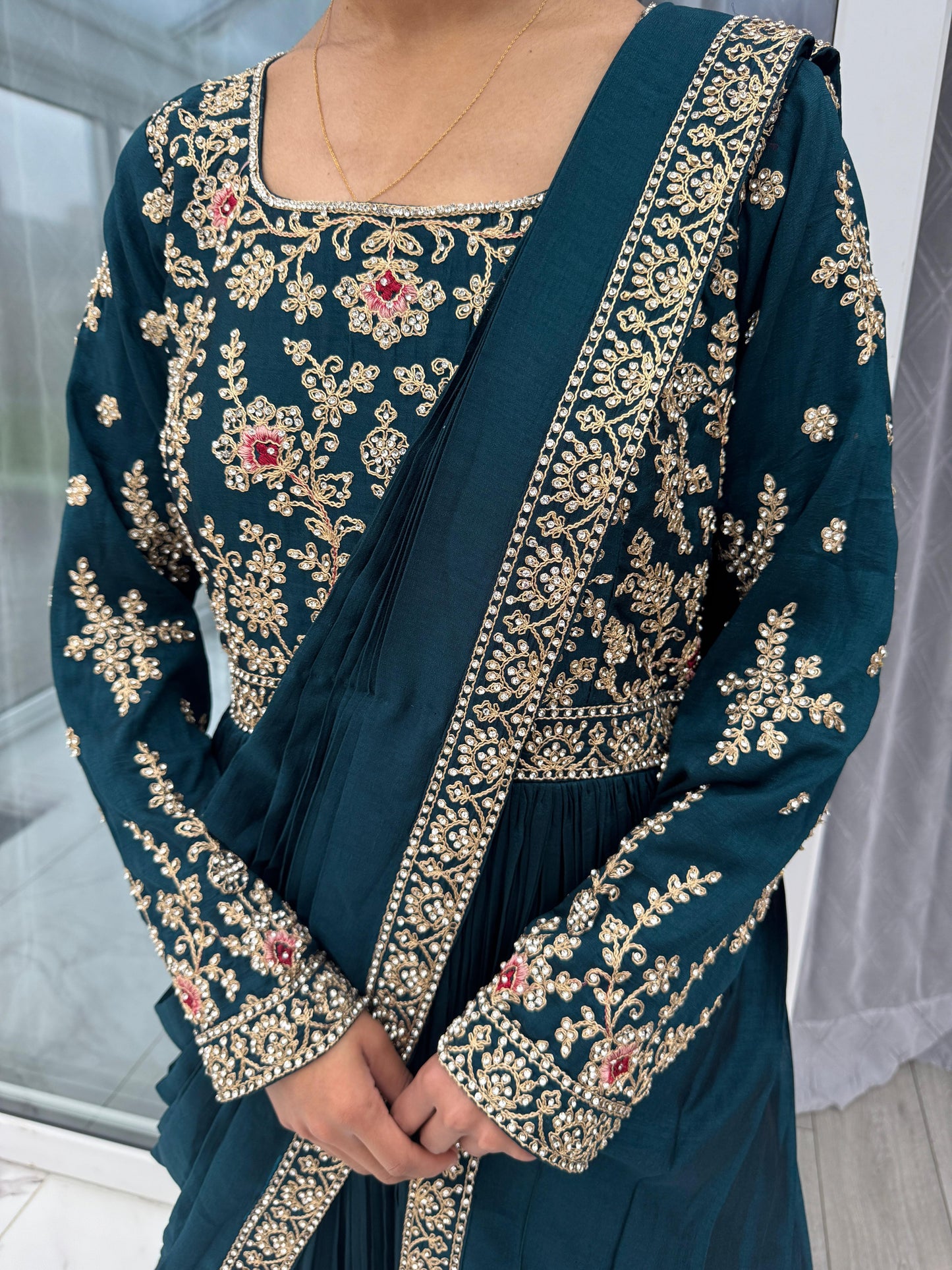 PRIYA - Embroidered saree style draped maxi dress with stonework