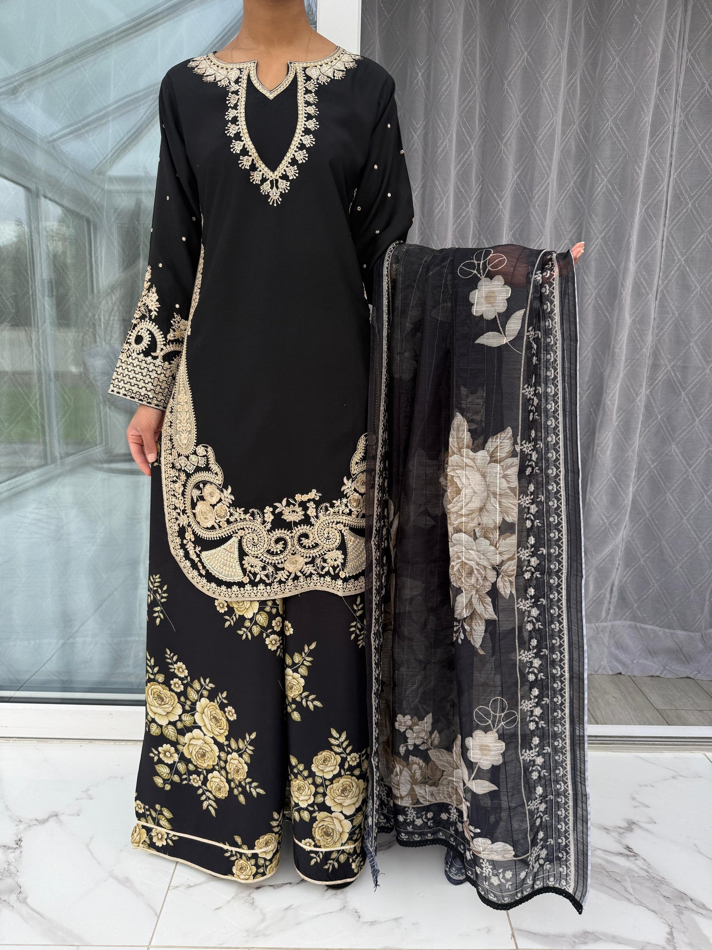 MIRA MOTHER/DAUGHTER COLLECTION BLACK - Embroidered kameez with printed Sharara