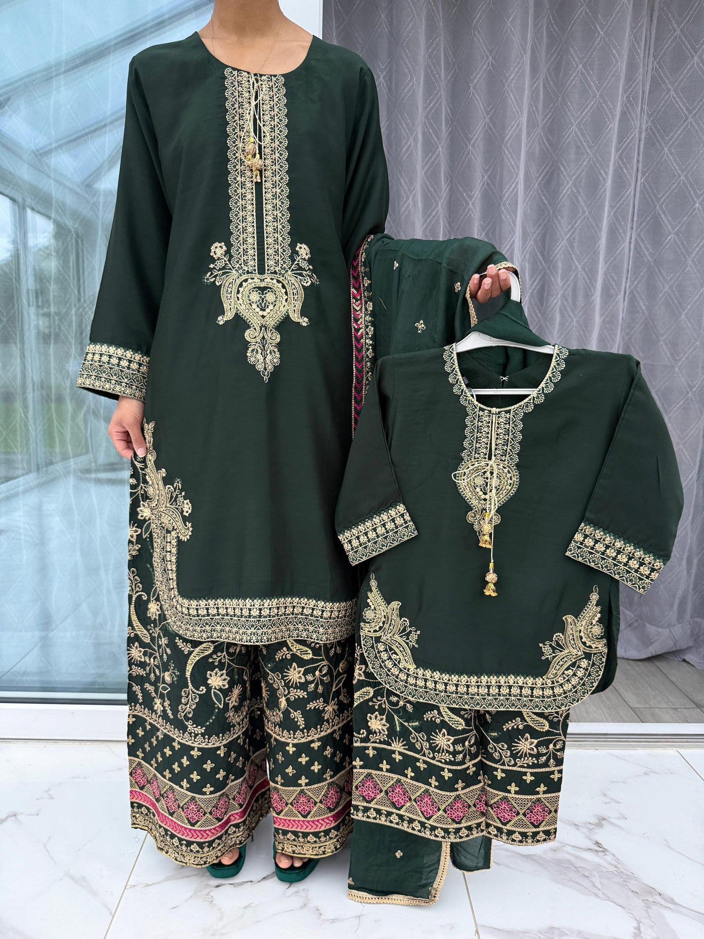 RANIYA - Embroidered viscose kameez & plazo with chiffon duppatta green