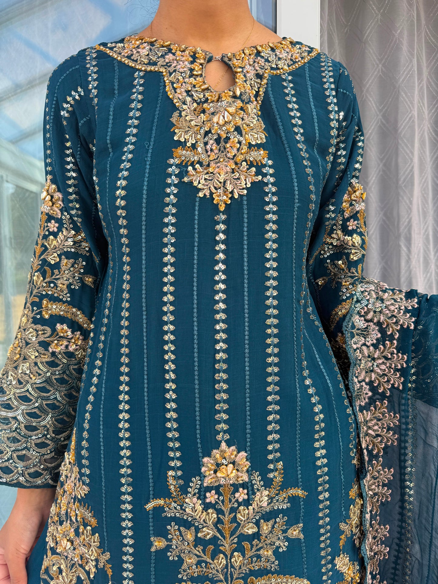 HOORIA - Embroidered chiffon kameez with Sharara
