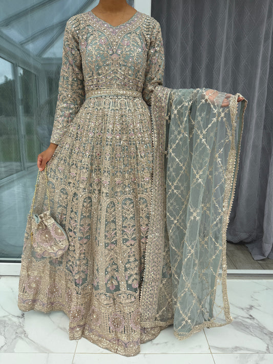 NAQSH - Embroidered net maxi dress with net duppatta