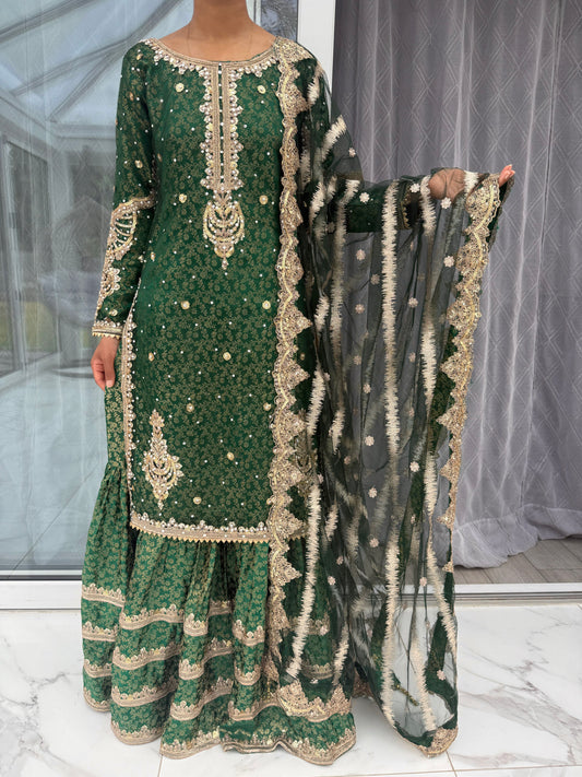 AROOJ  - Embroidered net kameez with brocade Gharara