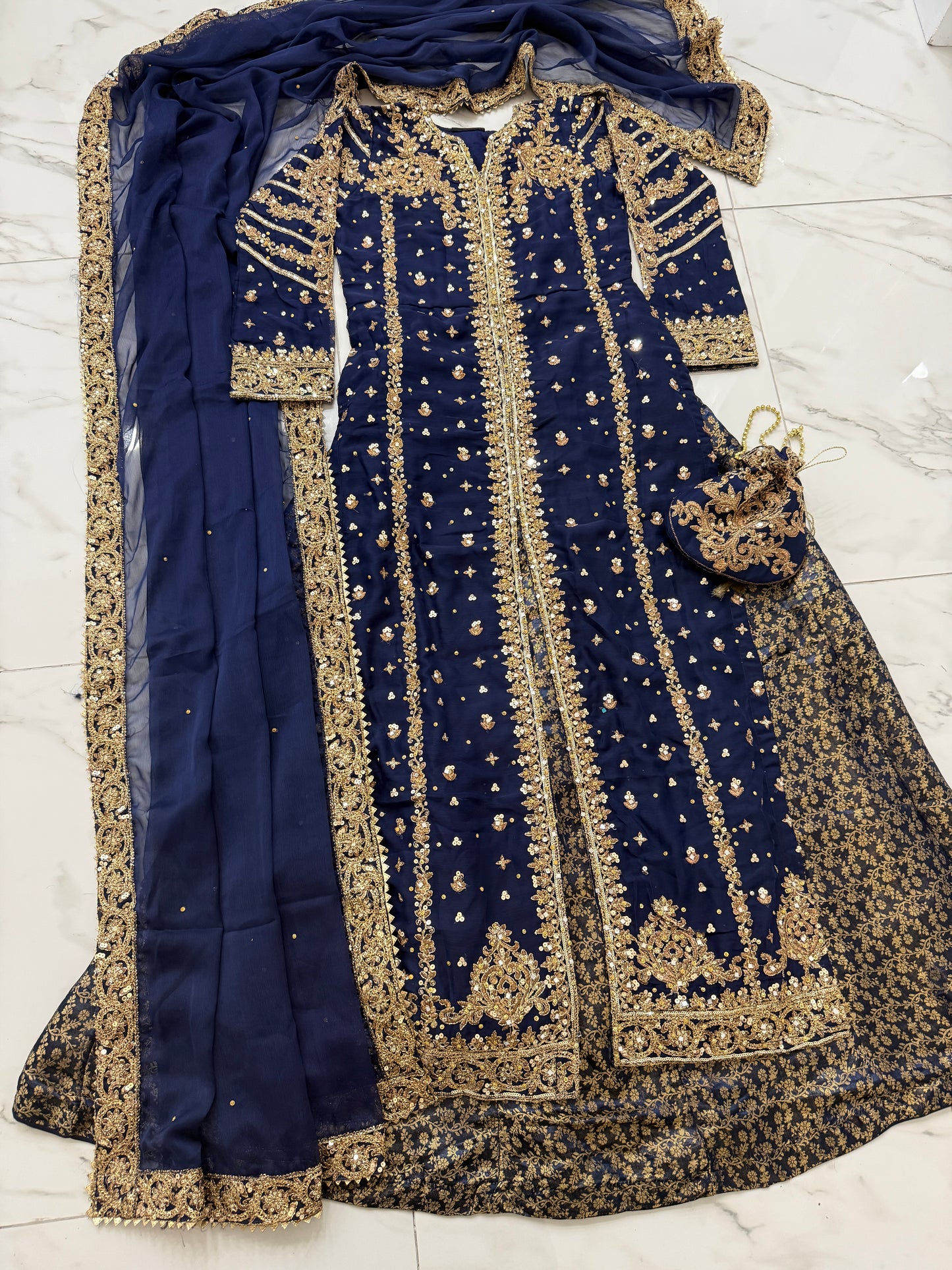 JANNAT NAVY - Embroidered chiffon kameez with brocade lengha