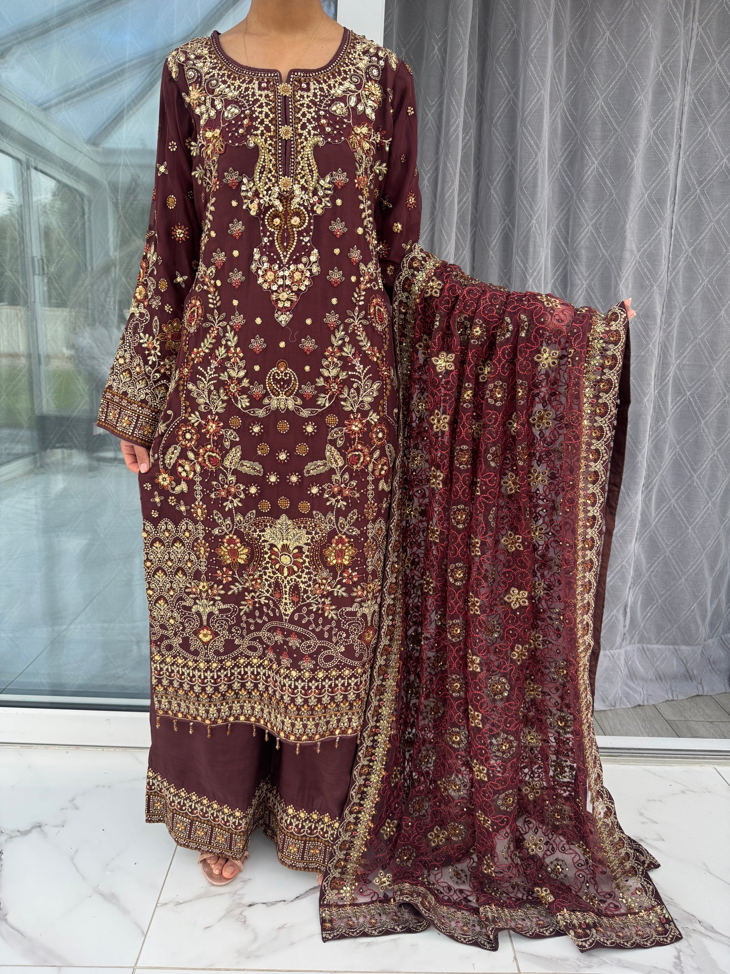 FALAQ - Embroidered Chiffon kameez with plazo brown