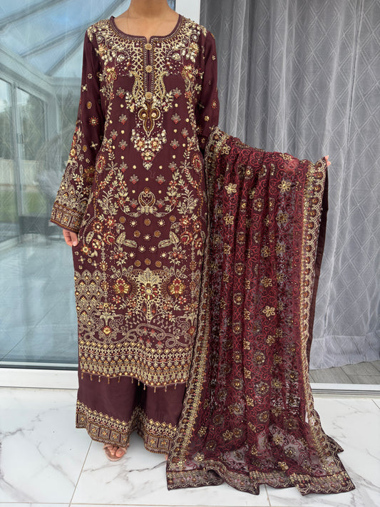 FALAQ - Embroidered Chiffon kameez with plazo brown