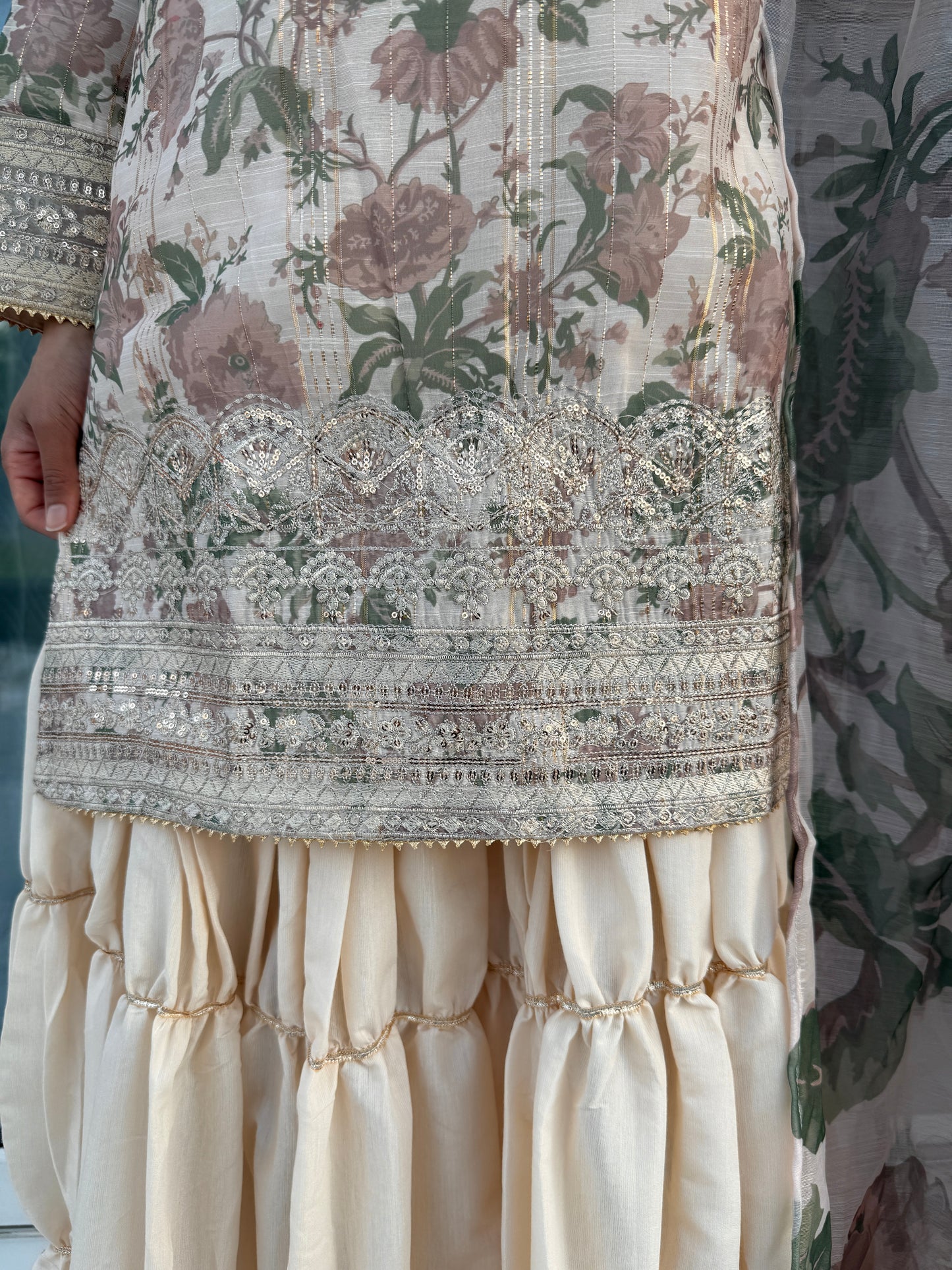 AYNAZ - Printed and embroidered monar kameez with tiered gharara (mocha flowers)