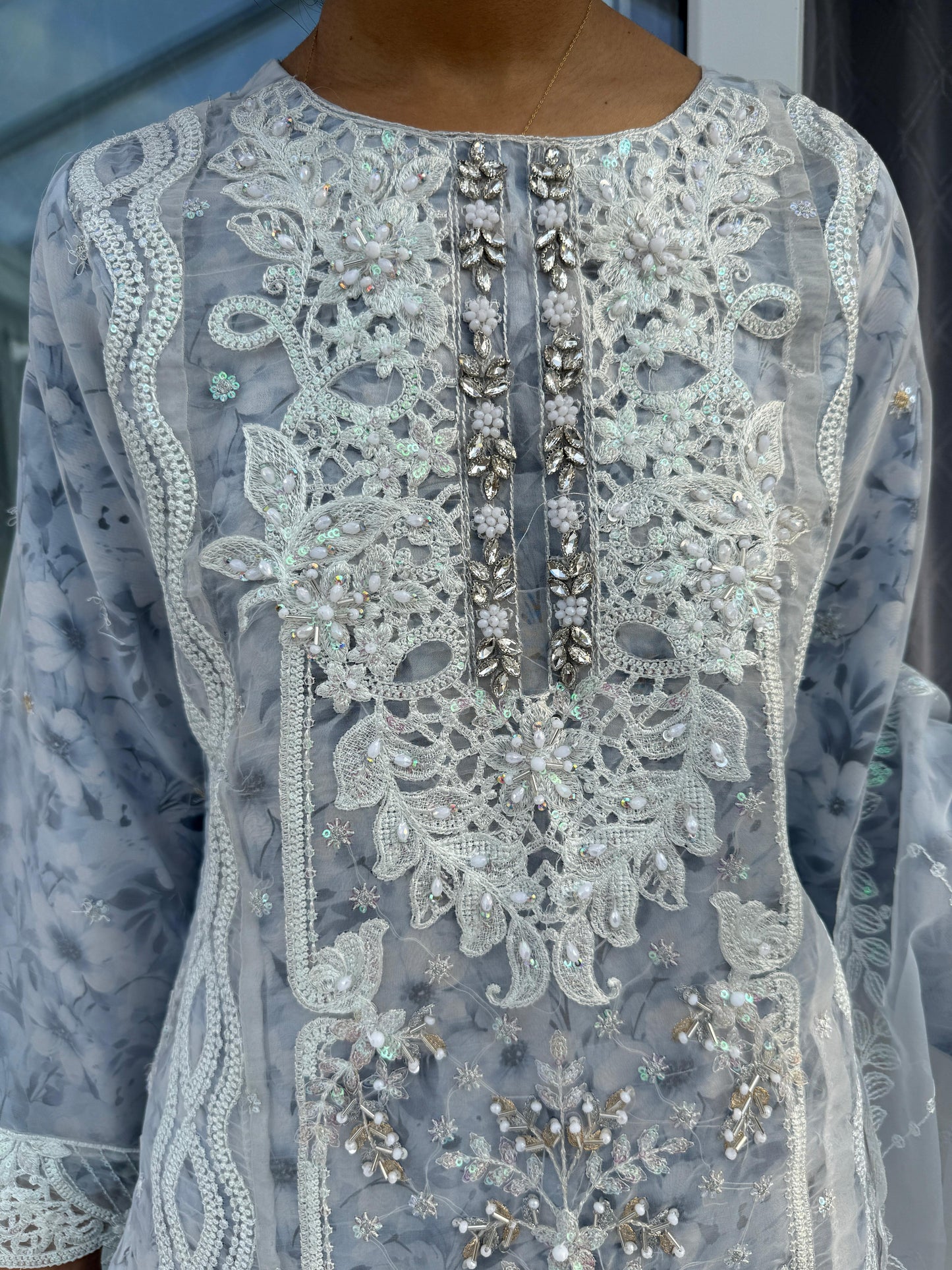 MINAL - Embroidered organza kameez with floral printed silk lining and Sharara
