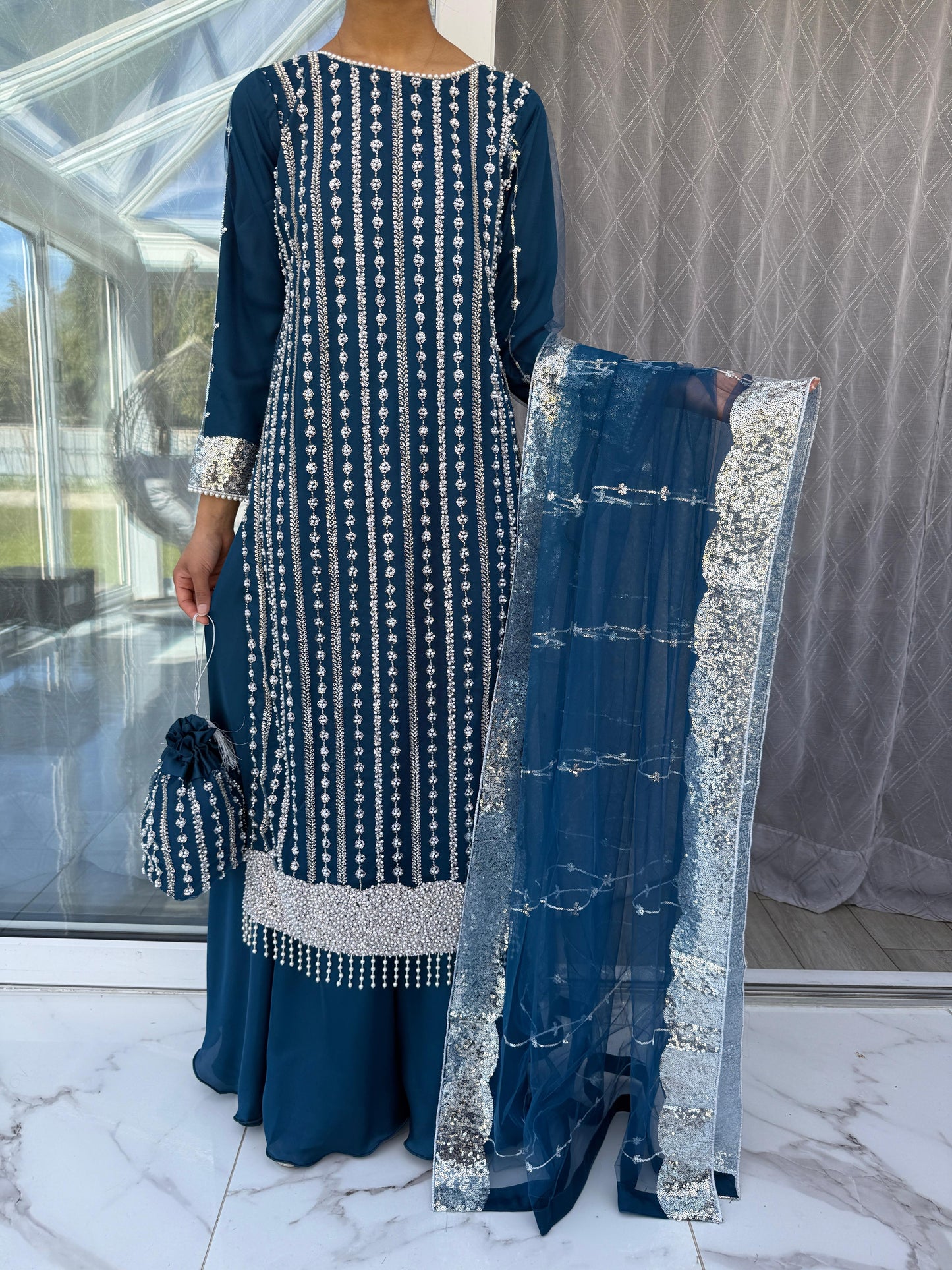 DANIA - Embellished net kameez with Sharara