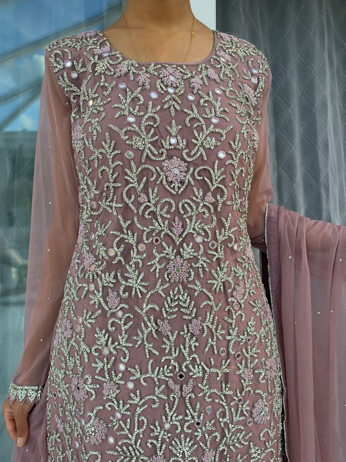 HANA - Intricately diamanté embellished net kameez with sharara