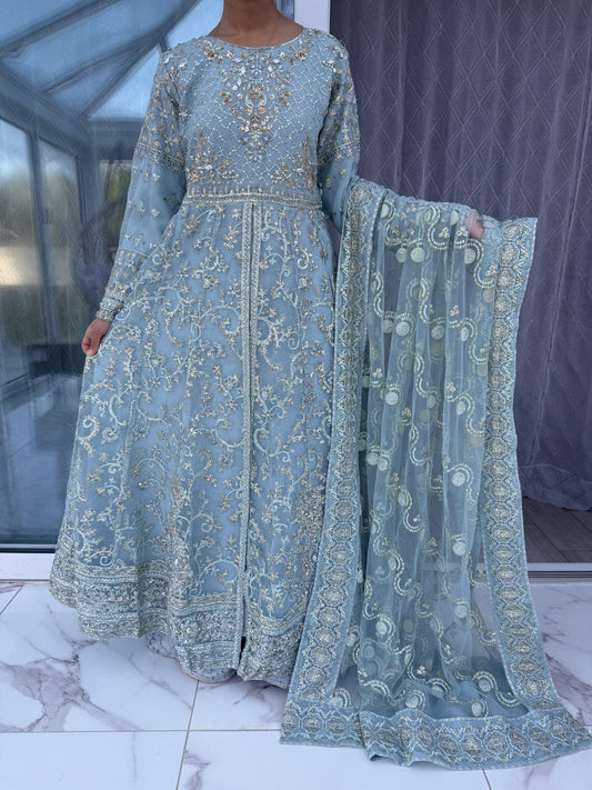 AAB - Embroidered organza dress with net duppatta & brocade sharara