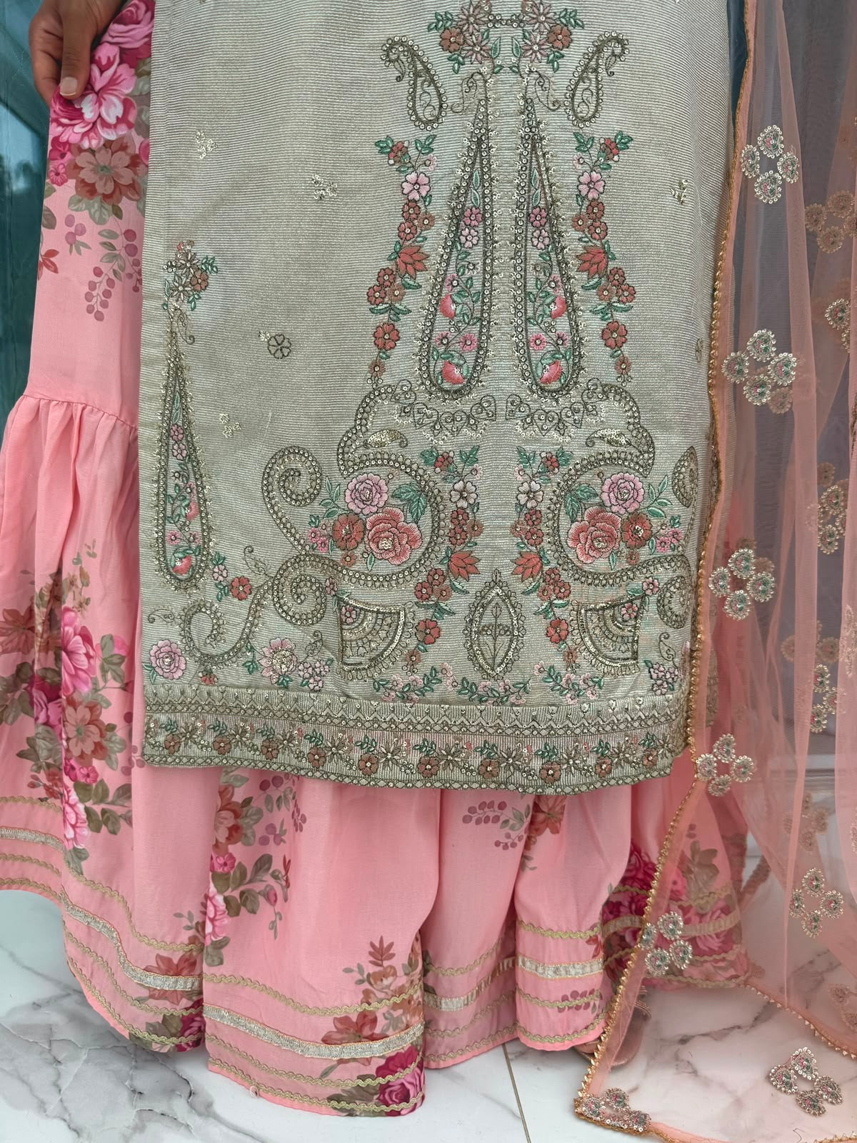 SUMAYA - Ethnic Inspired embroidered masoori kameez with floral printed Sharara