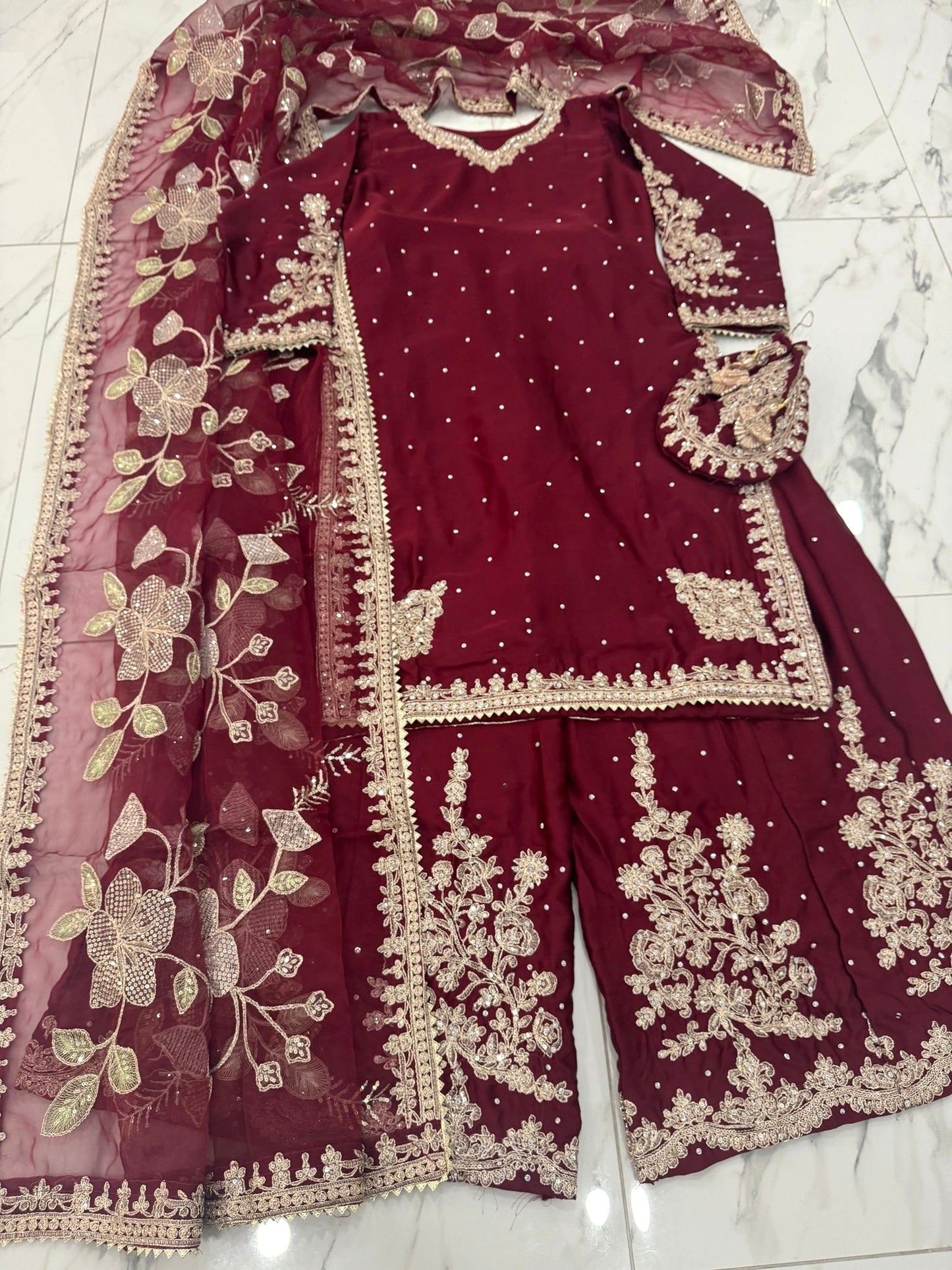 KASHISH MAROON - Embroidered silk kameez with sharara