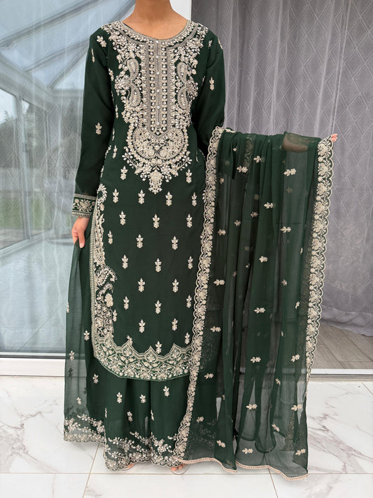 ZOYA GREEN - Embroidered chiffon kameez with Sharara