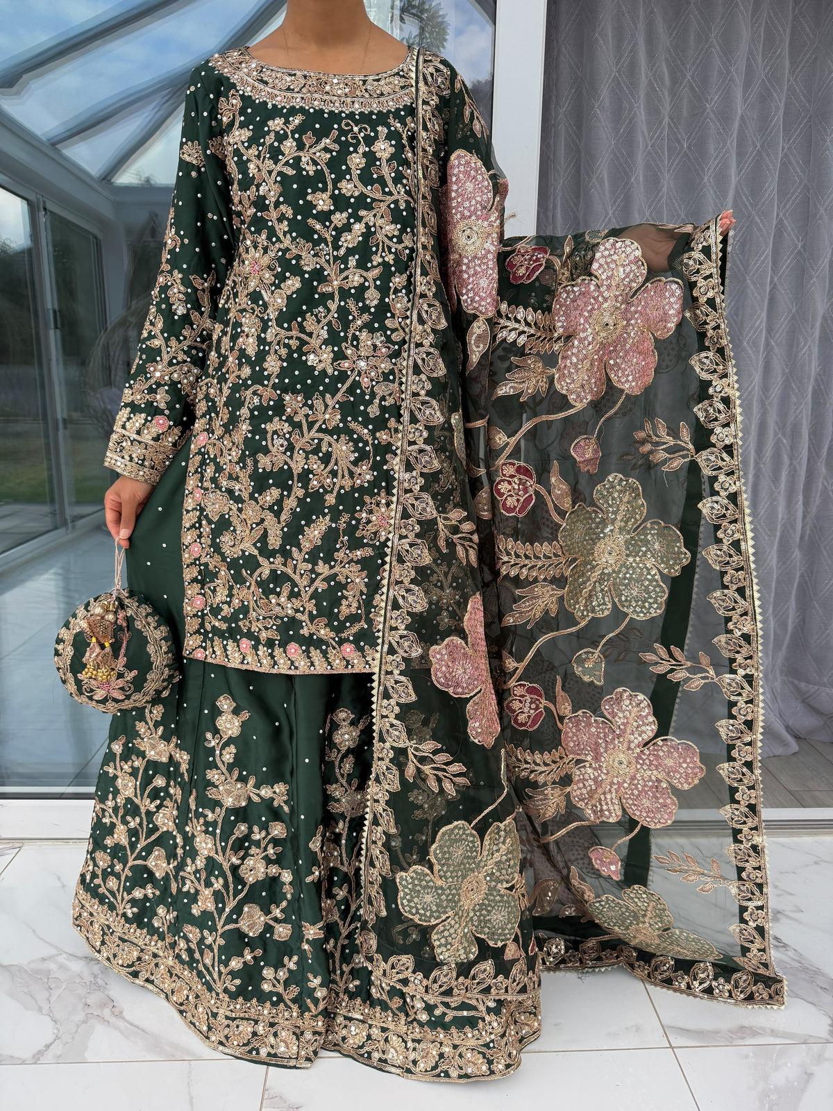 KHAANI DARK GREEN - Embroidered luxury silk kameez with Sharara