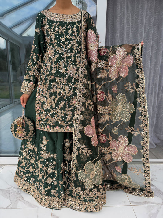 KHAANI DARK GREEN - Embroidered luxury silk kameez with Sharara
