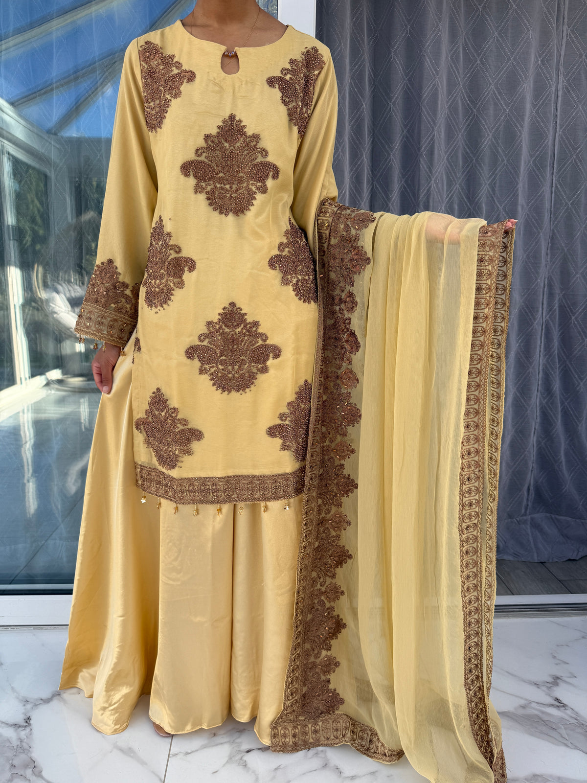 HASEENA BUTTER YELLOW - Embroidered chiffon kameez with diamanté and silk sharara