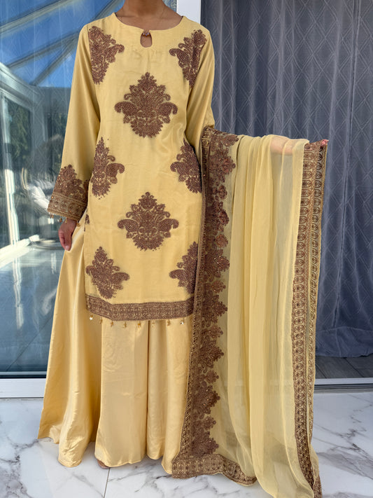 HASEENA BUTTER YELLOW - Embroidered chiffon kameez with diamanté and silk sharara