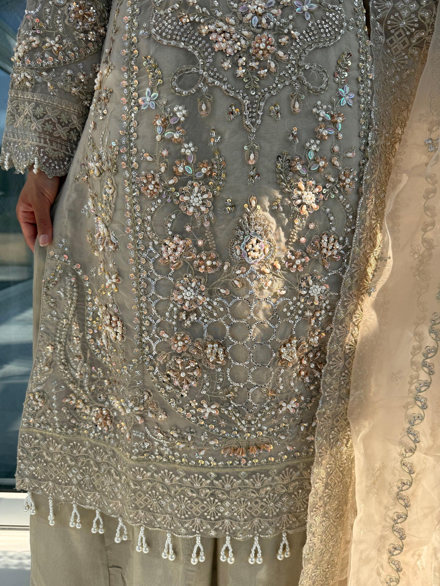 ANIQA BEIGE - Embroidered organza kameez with handwork and Kali Sharara