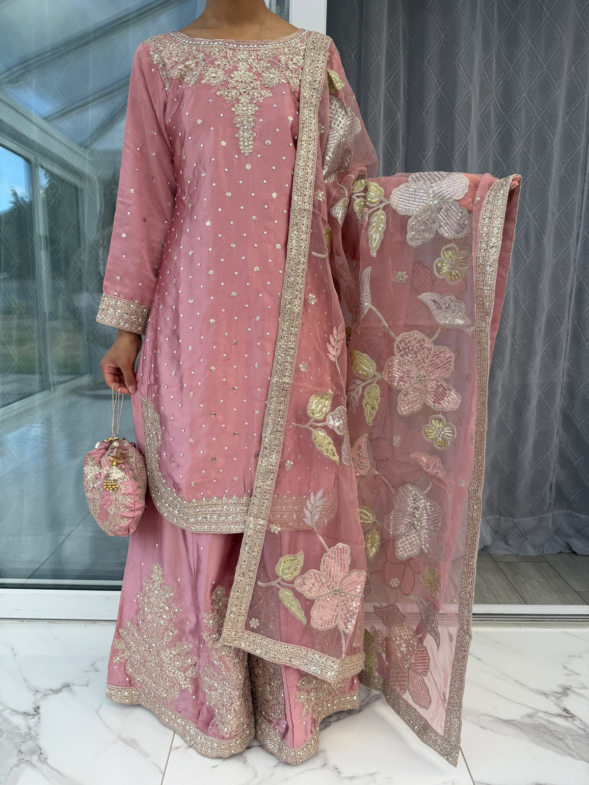 ZARYAB PINK - Embroidered silk kameez with Sharara