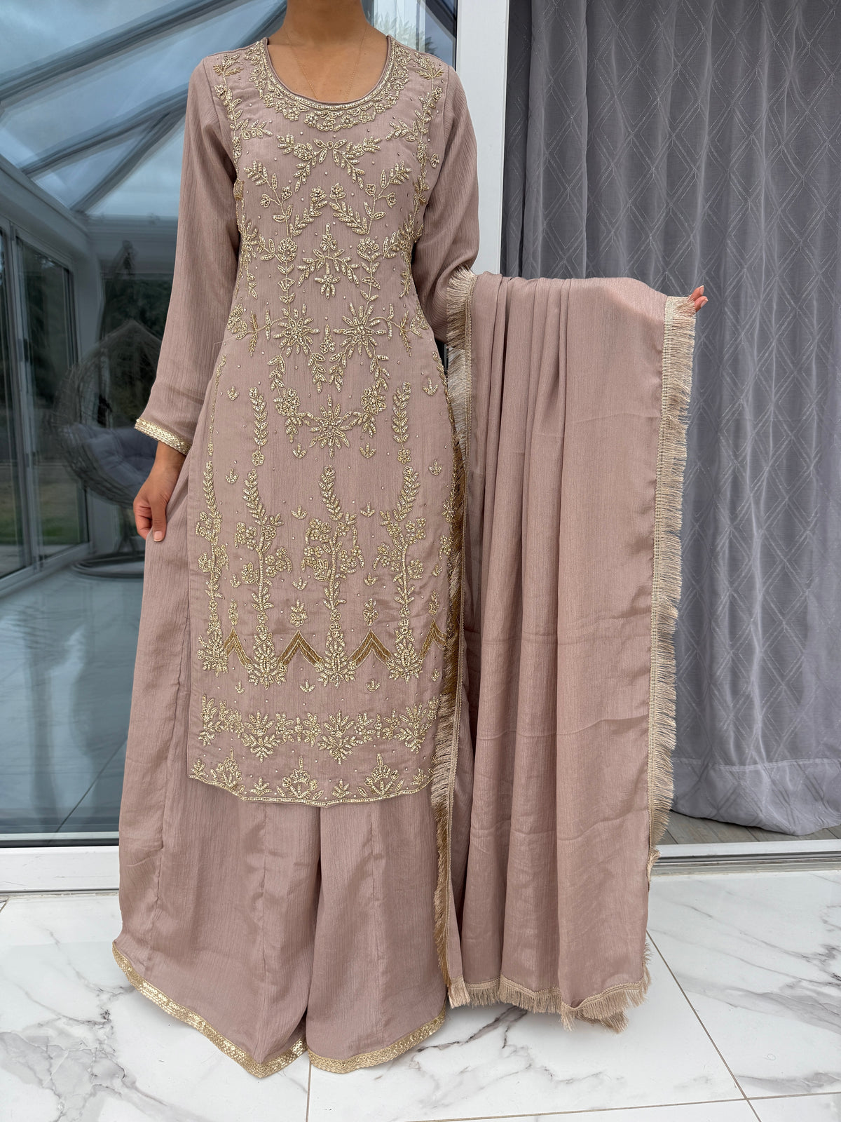 AMEERA - Embroidered raw silk kameez with diamanté & Sharara