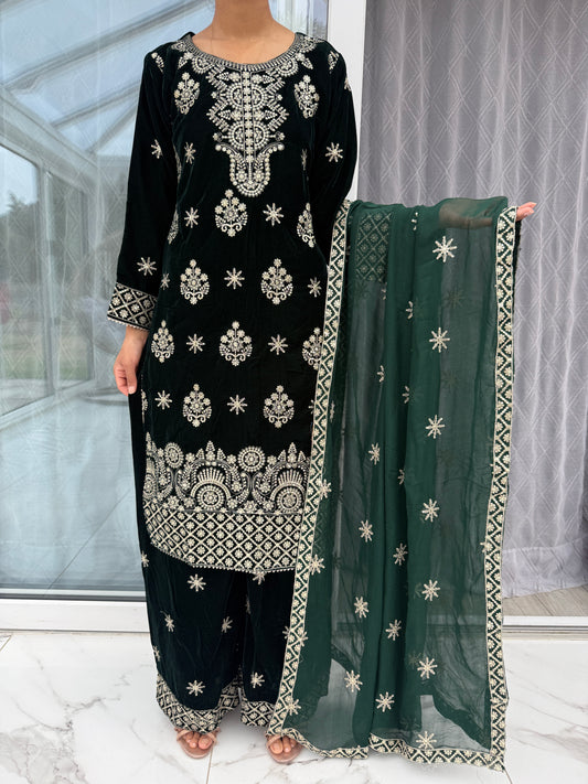 RIMSHA GREEN - Embroidered velvet collection with plazo and chiffon Dupatta