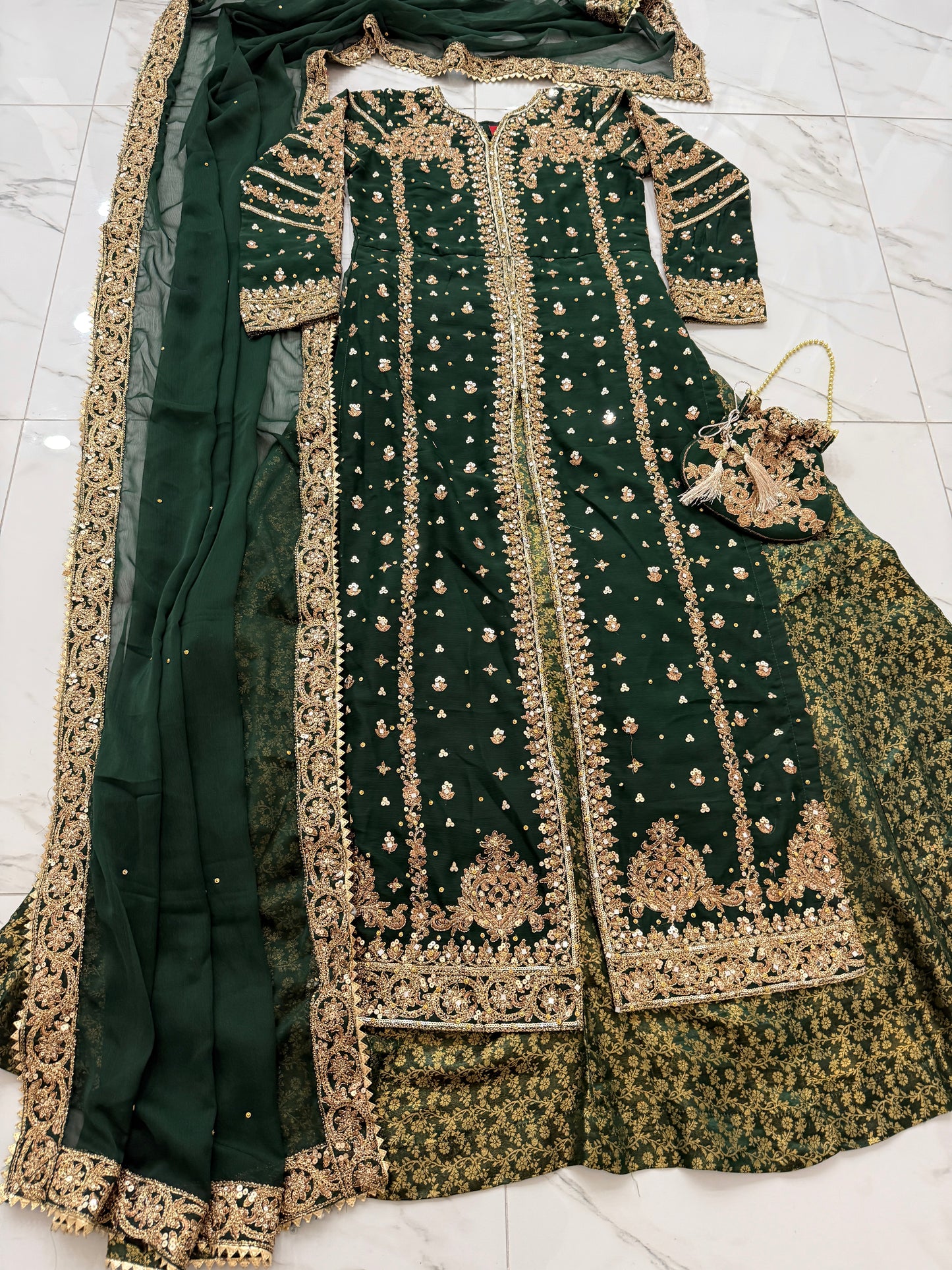 JANNAT - Embroidered chiffon kameez with brocade lengha green