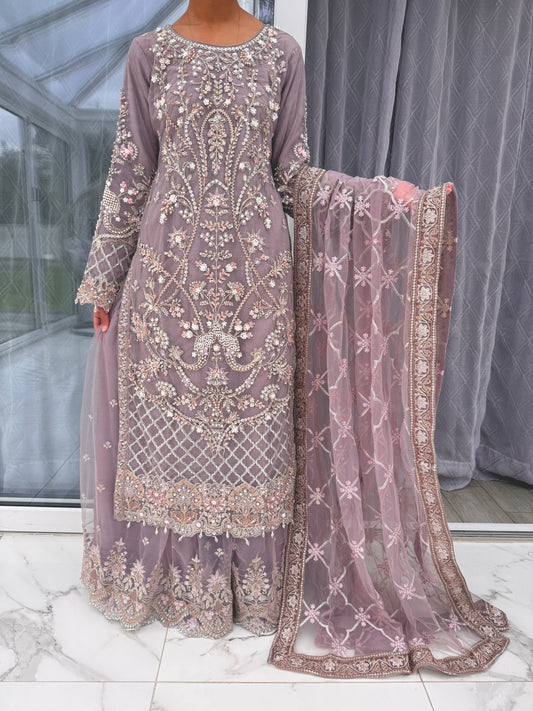 SAMAYA - Imrozia embroidered net kameez with sharara/net duppatta