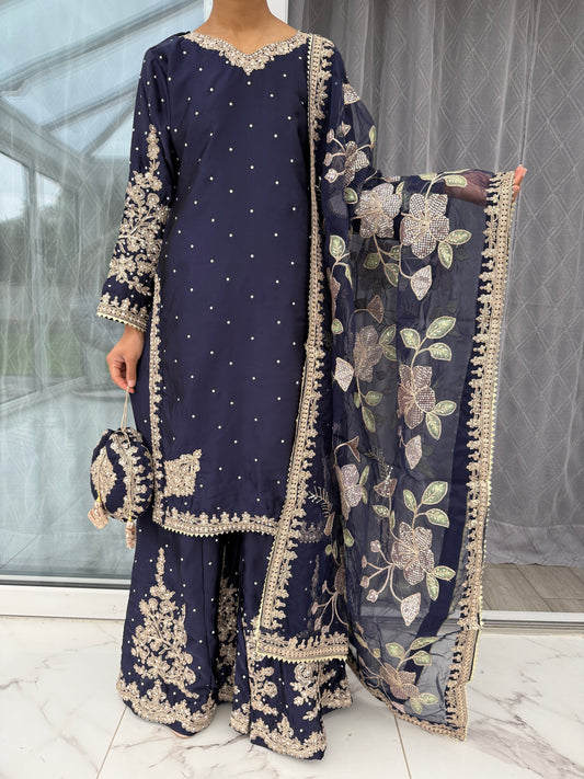 KASHISH NAVY BLUE - Embroidered silk kameez with sharara