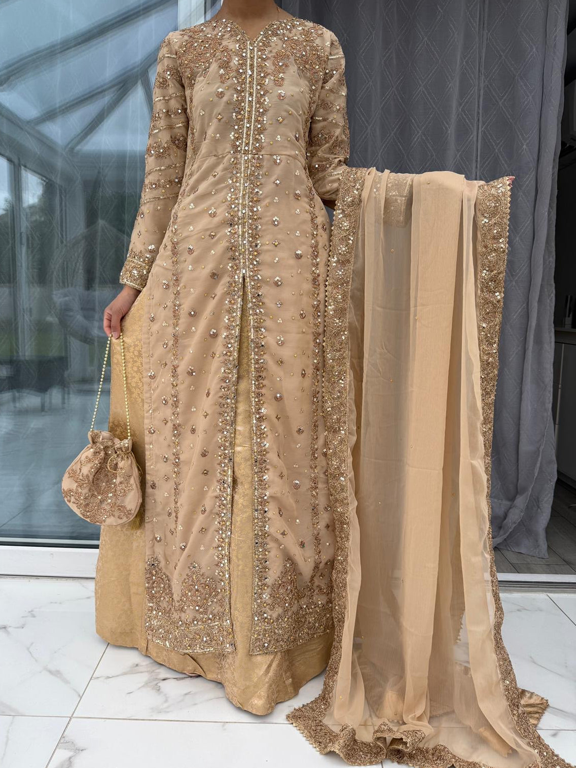 JANNAT GOLD - Embroidered chiffon kameez with brocade lengha