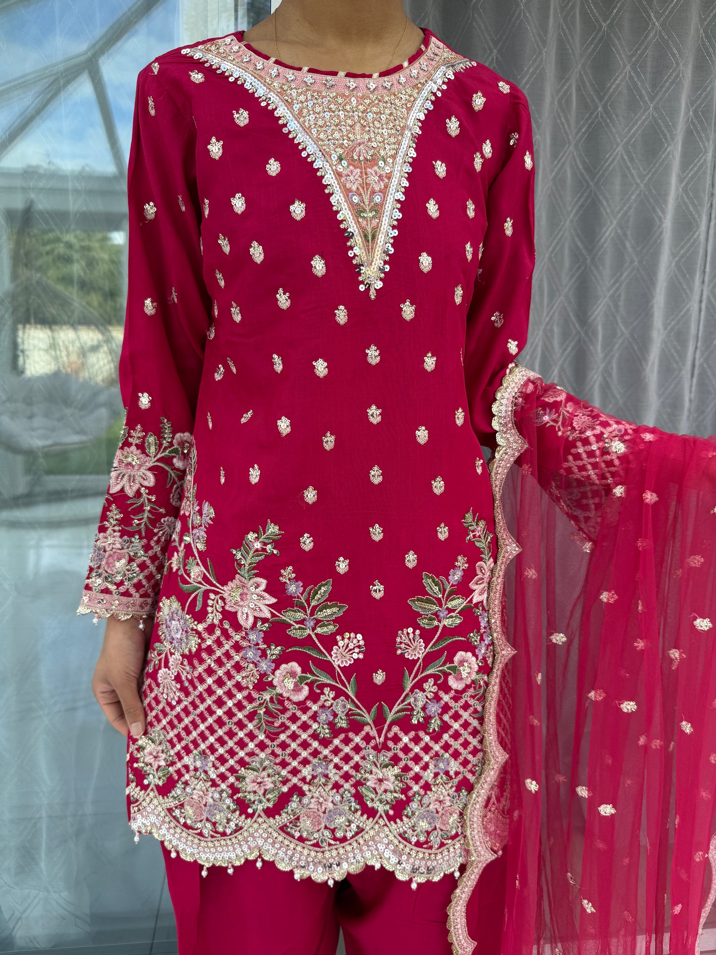 ETHNIC EID FESTIVE - Embroidered viscose kameez with net duppatta/shalwar