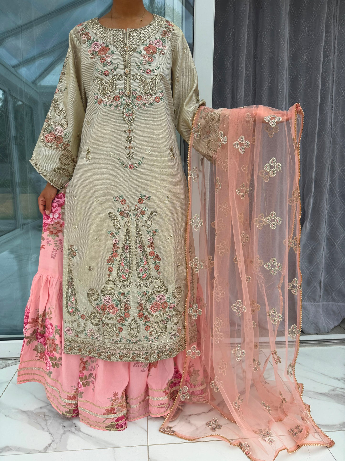 SUMAYA - Ethnic Inspired embroidered masoori kameez with floral printed Sharara