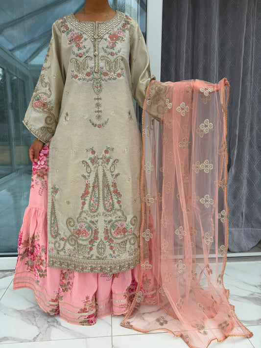 SUMAYA - Ethnic Inspired embroidered masoori kameez with floral printed Sharara
