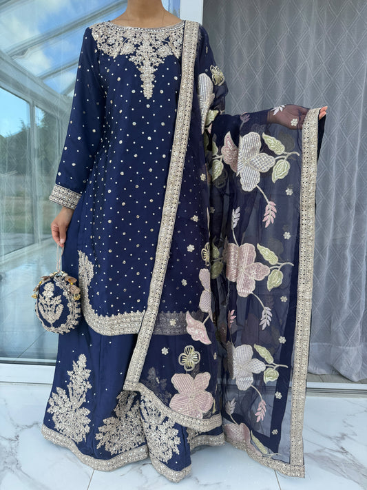 ZARYAB NAVY BLUE - Embroidered silk kameez with Sharara