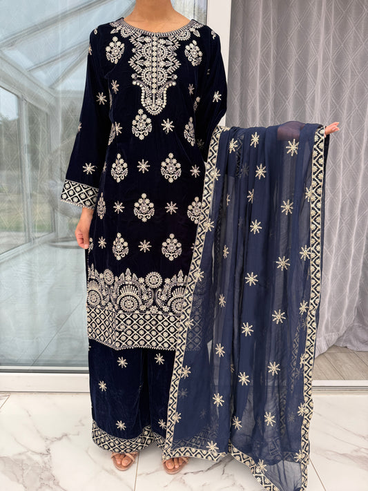 RIMSHA NAVY BLUE - Embroidered velvet collection with plazo and chiffon Dupatta