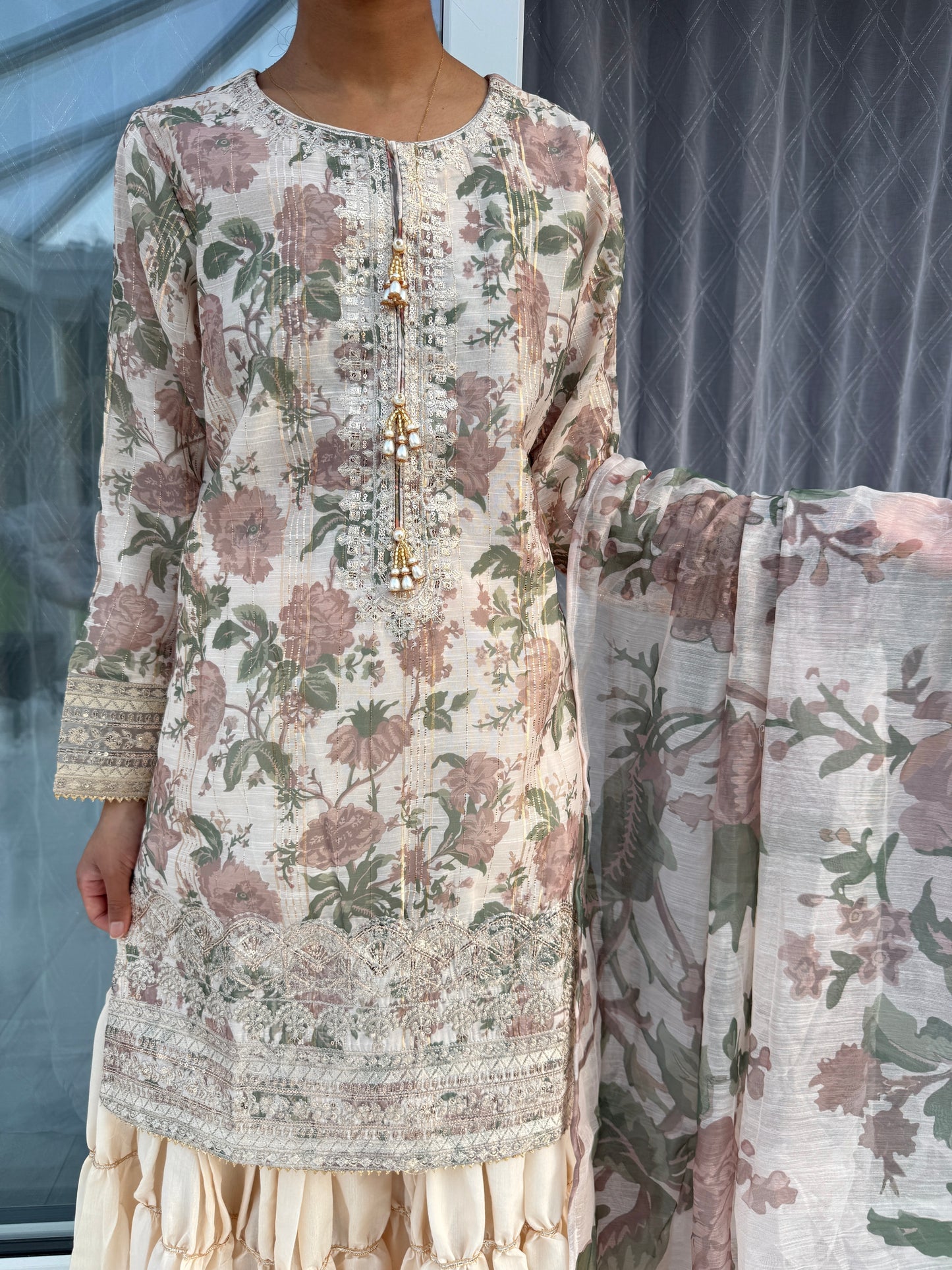 AYNAZ - Printed and embroidered monar kameez with tiered gharara (mocha flowers)