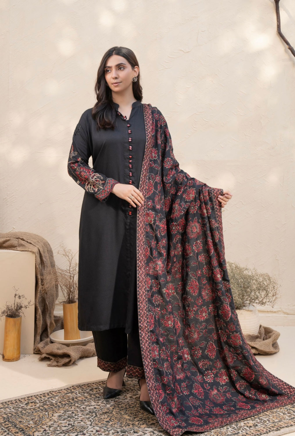 MAHAM BLACK- Embellished Dhanak kameez with embroidered Kashmiri shawl and straight trousers