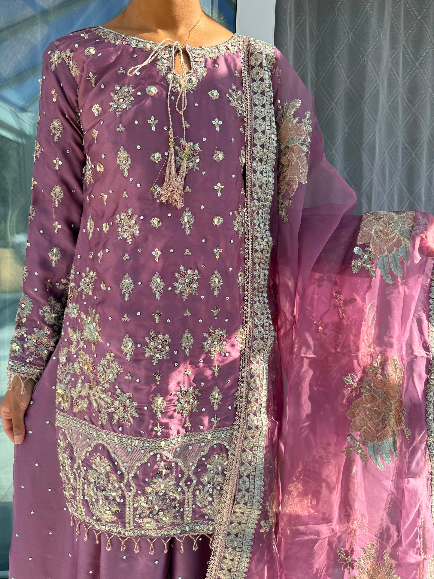 SAMAN - Embroidered silk kameez with sharara and dupatta