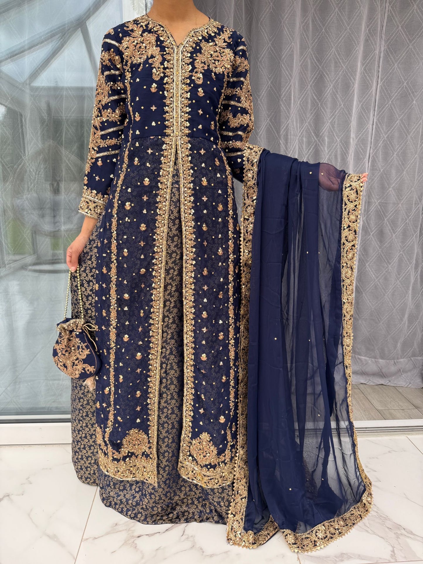 JANNAT NAVY BLUE - Embroidered chiffon kameez with brocade lengha