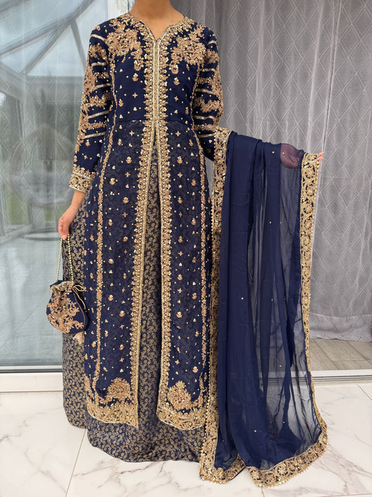 JANNAT NAVY BLUE - Embroidered chiffon kameez with brocade lengha