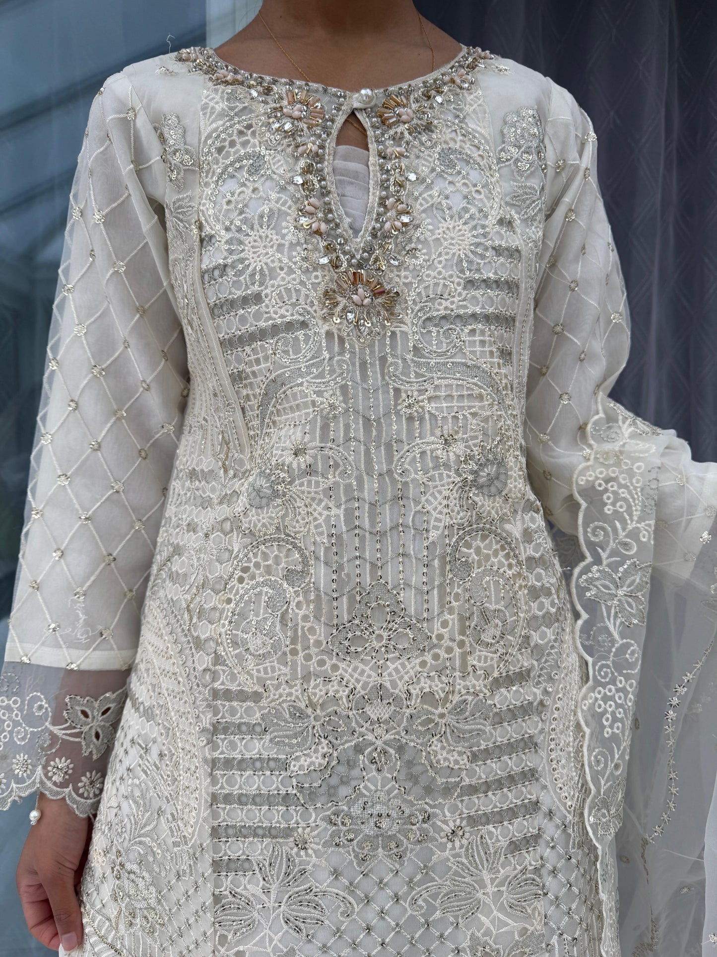 AYLA - Embroidered organza readymade outfit with cutwork, plazo and dupatta